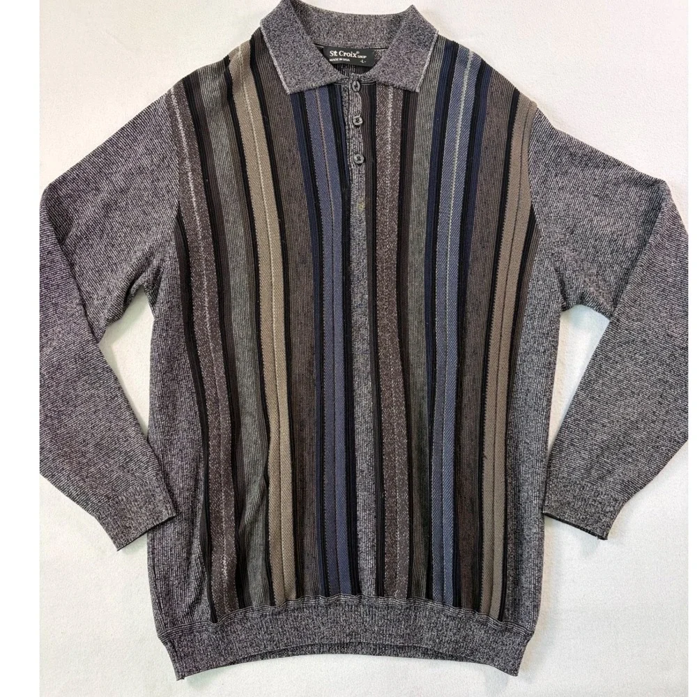 St. Croix Shop Mens Vertical Stripe Luxury Knit Polo Sweater L Old‎ Money USA